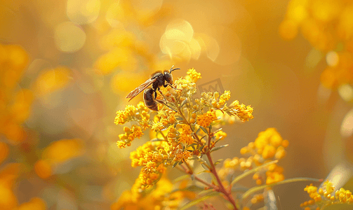秋日傍晚北方纸蜂为一朵黄花野花授粉