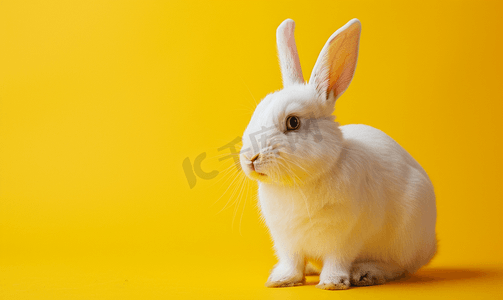 家养兔子摄影照片_黄色背景上棕色耳朵的白兔家养动物