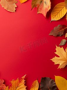 红纸背景上美丽明亮的秋叶带复制空间