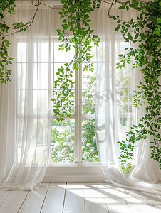 太阳玻璃摄影照片_带绿色花园背景的白色窗帘窗