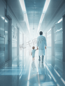 医生推着孩子穿过走廊