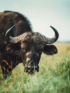 农村地区黑水牛伸手吃草的低角