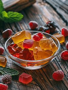 梦幻果冻色摄影照片_木桌上咀嚼浆果味的果酱果冻糖
