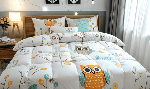 床单上有一只卡通猫头鹰的图案非常可爱。