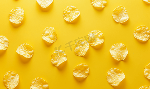 创意波纹摄影照片_黄色背景顶视图平铺上的薯片图案