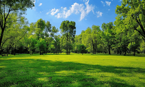 绿色圆角粽子摄影照片_世界尽头公园郁郁葱葱的绿色田野和树木