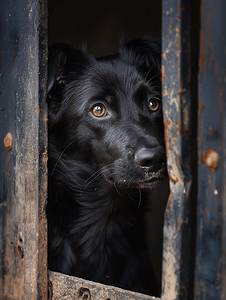 黑色流浪狗在栅栏上挖了一个洞