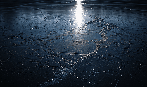 反射纹理摄影照片_黑暗中冰上的光人造光在冰冻的水面上的反射