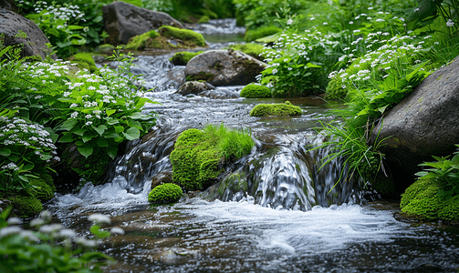 绿色河流风景摄影照片_绿色苔藓和植物的山溪和岩石风景