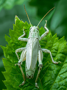 绿叶昆虫动物上的白色带状蚱蜢