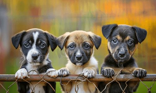 栅栏后面三只小狗的肖像动物收容所的概念和希望