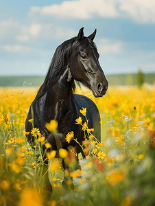 夏季花草甸上美丽的野马种马