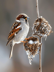 鸟筑巢摄影照片_雄性麻雀在早春收集筑巢材料