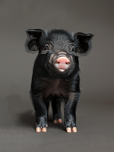 非常可爱的微笑黑色小猪看起来像是在咧嘴笑