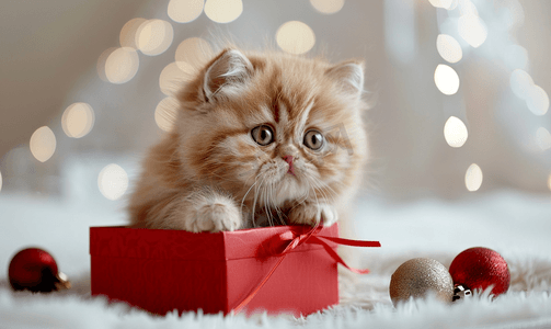 异国情调的短毛波斯小猫打开一个红色盒子里面装着礼物
