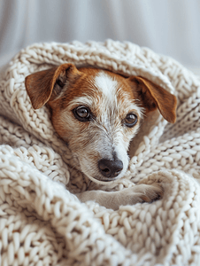 杰克罗素梗犬在羊毛毛衣下保暖宠物护理概念