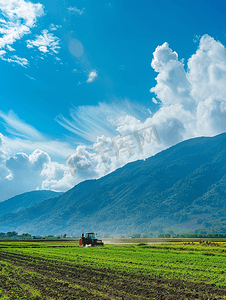 机械产品介绍画册摄影照片_农业领域的拖拉机与山和蓝天