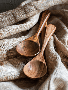 桌子工艺品摄影照片_用天然木材在粗麻布织物上制成的木勺作为工艺品