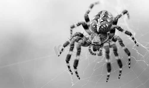 黑白相间的十字蜘蛛在蜘蛛网上爬行万圣节惊魂