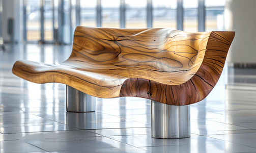 机场航站楼内采用天然木材制成的现代设计师弧形长凳