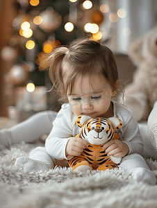 儿童动物背景摄影照片_孩子在棕色衣服上玩着可爱的小圣诞老虎玩具穿着白色连衣裙