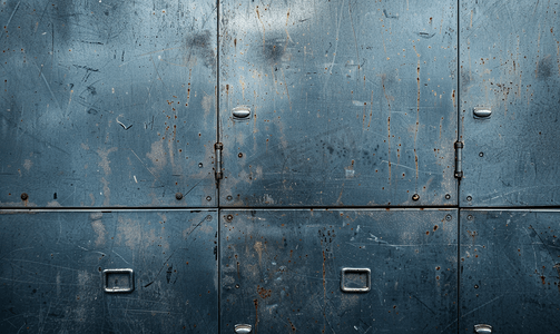 旧的、划伤的不锈钢可上锁衣柜的全框特写