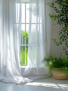 夜场开放摄影照片_带绿色花园背景的白色窗帘窗