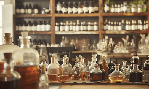 慕斯瓶子摄影照片_格拉斯法国在实验室中用古董平衡器收集古代香水