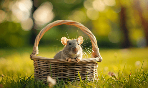 鼠年快乐免费摄影照片_阳光明媚的夏日宠物鼠小飞象坐在公园草地上的柳条篮里