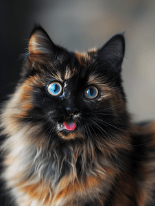 一只长着蓝眼睛、伸出舌头的可爱玳瑁色毛茸茸的猫的肖像