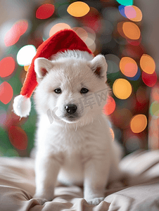 一只白色的柴犬小狗戴着红色的圣诞帽背景是色彩缤纷的散景