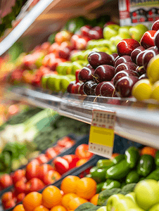 杂货店新鲜水果和蔬菜货架模糊背景