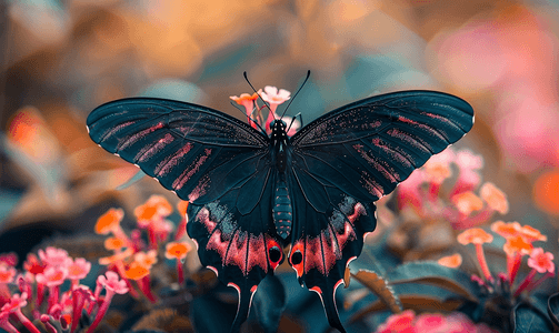红蝴蝶结摄影照片_花园里翅膀上有粉红色的黑蝴蝶