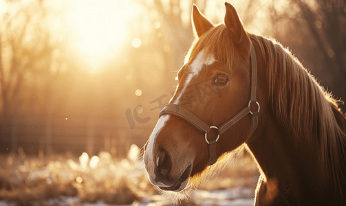 斑驳的阳光照在一匹大型挽马的脸上
