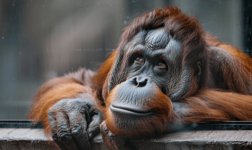 棕色手把摄影照片_墨西哥动物园的猩猩靠在玻璃上一脸悲伤