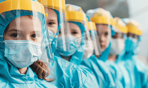 核酸检测图片摄影照片_穿防护服的儿科医护人员和小女孩