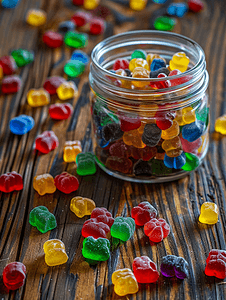 不同颜色的果冻甜糖散落在玻璃罐的木质背景上