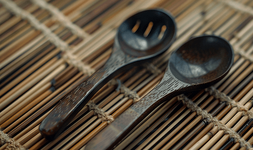 厨房刷子摄影照片_亚洲竹背上的深色木勺叉和空杯