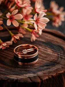 狗年艺术字水墨摄影照片_木质底座上的结婚戒指带有黑色戒指盒背景和人造花