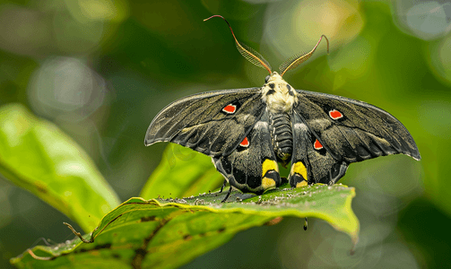 鲜花扁平摄影照片_叶子上的热带燕尾蛾