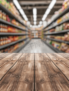 带超市过道和产品货架的木桌抽象模糊离焦背景