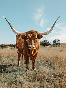 山长图模板摄影照片_农场里的长角牛