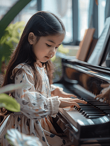 小黑头发女孩在教育课上弹钢琴校对P