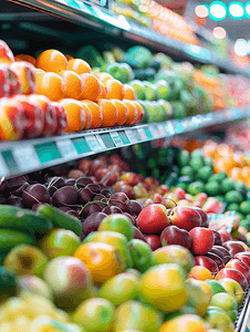 公司背景展示摄影照片_杂货店新鲜水果和蔬菜货架模糊背景