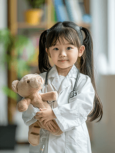 小熊图片摄影照片_小亚洲女孩假扮医生