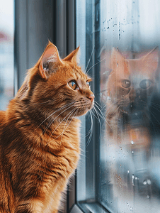 窗户里的红猫窗户上的宠物玻璃后面的动物