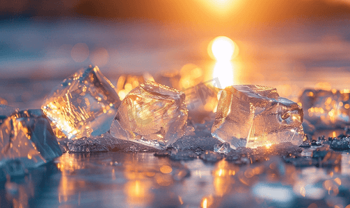 光魔法摄影照片_黑暗中冰上的光人造光在冰冻的水面上的反射