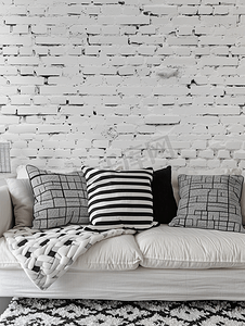 黑白图案枕头现代沙发背景砖壁纸