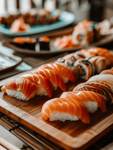 美食背景寿司摄影照片_木制盘子上的寿司特写镜头