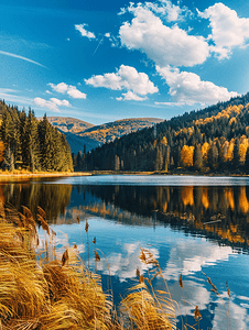 荒野湖泊的秋日天空